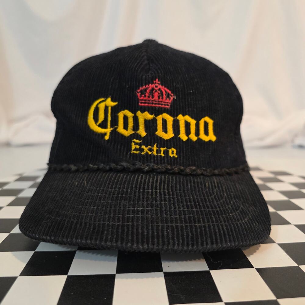 Vintage Corona Extra‎ Black Corduroy Spellout Rope Snapback Hat OSFA